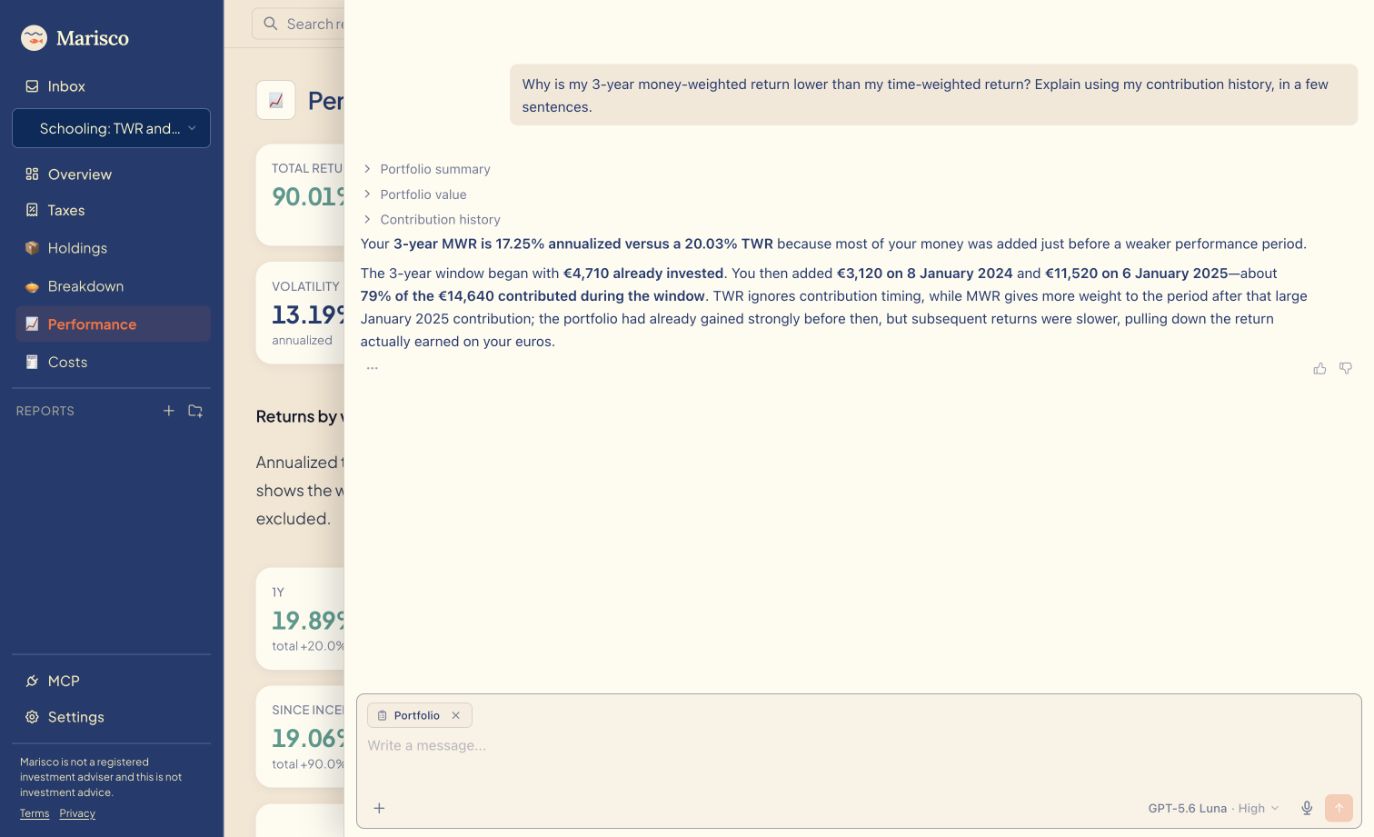 Marisco's chat identifies the €11,520 January 2025 contribution as 79% of the money added during the three-year window.